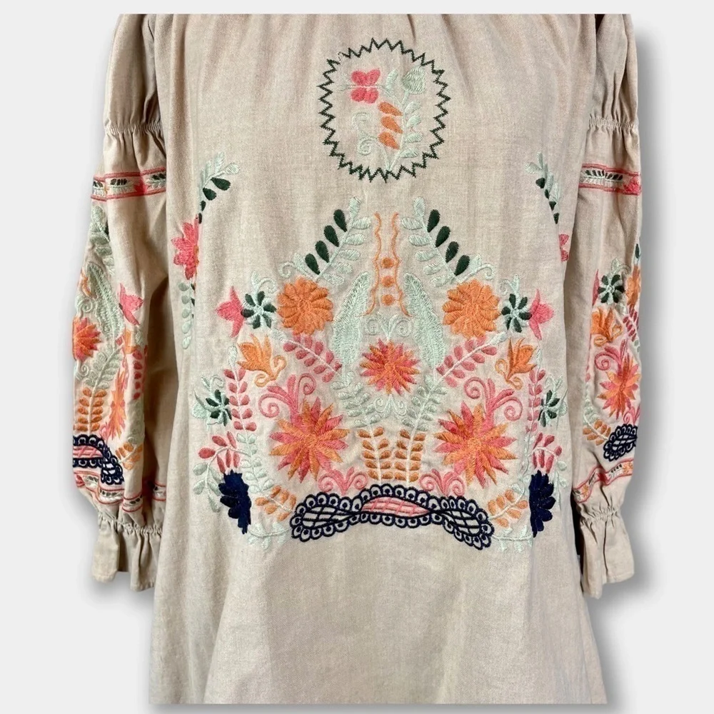 The Impeccable Pig Embroidery Top Off Shoulder Dress Tunic Long Sleeve Size M